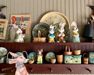 Vintage Peter Rabbit Collection: Peanut butter tins, miniature baskets, early books