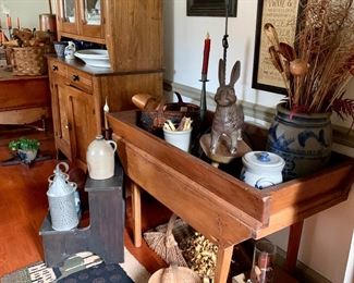 Early square nail shaker leg dry sink, old crockery, handmade baskets, hook rugs 