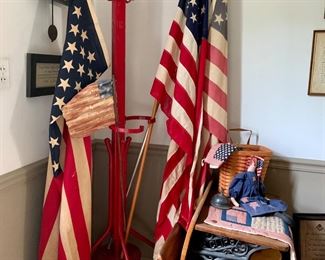 Early hefty metal coatrack with curled umbrella arms, old child size lift up seat school desks, writing chalkboards, Patriotic decor, Longaberger 4th of July baskets 