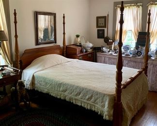 Mid century era poster bed with Nearly New mechanical mattress base, remote, factory book and pristine mattress, many Vintage cotton bedspreads 