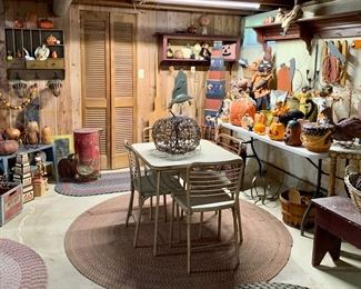 Your Fall Holiday decorating Mecca: including a wide variety of Quality decorations and accessories, antique baskets, vintage fruit and dairy pieces, Antique Primitive boot Jack bench and many wooden wall racks/shelves 