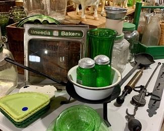 Uranium Depression glass, More large Cow Creamers, many large Art Deco Hoosier dry goods/cookie/candy  jars with metal lids, early cast iron, old Milk bottles 