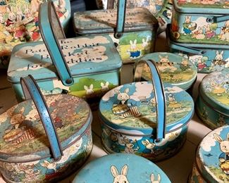 Vintage Peter Rabbit candy tins, mini lunch pails, tin plates and Peanut Butter tins 