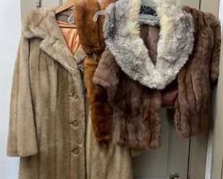 Mid century era mink & rabbit genuine fur collars, cocoa mink capelet, and a champagne mink faux fur evening coat 