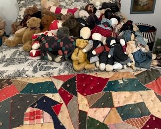 Antique crazy quilt and an explosion of bears and dolls in every size and shape imaginable - some Custom, Artist Made, Mohair or Cashmere constructed & Numbered! 