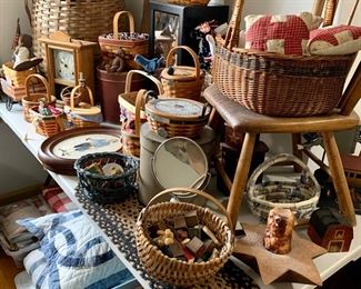 Plethora of vintage Specialty Longaberger, Superb Antique lidded basket, NOS Colonial style wallpaper, sewing crafting, many vintage quilts and Americana style accessories 