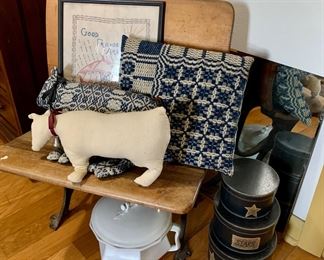 Antique folding seat schoolhouse bench, handmade cow pillows and other vintage finds 