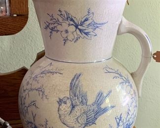 Outstanding large sized antique ironstone blue transferware bird detail jug 