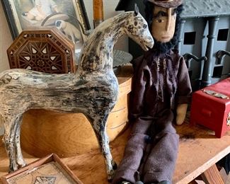 Large Folk art Abraham Lincoln doll, marquetry boxes, handmade brass tacked lidded shaker box, leather eared wooden folk art horse