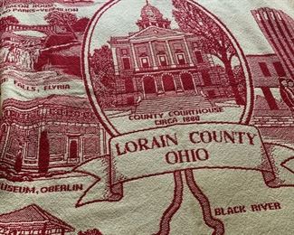 Woven cranberry and cream cotton jacquard Lorain County Ohio historical lap robe, blanket 