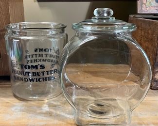 2 Large Country Store Planters Peanuts & Tom’s Peanut Butter Sandwiches glass counter jars