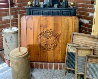 Antique metal over wood stove floor fire cover with Wabash screen door Co. advertising, bee sting churn, antique washboards with Advertising 