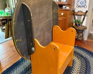 Early Tavern table with the pinned lid up for seating (hinged seat for storage) 