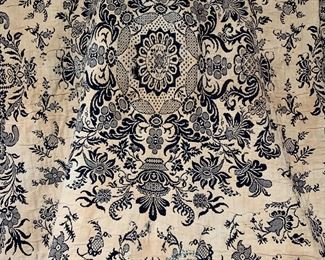 c1849 DATED antique woven Coverlet in Navy blue and Cream - with age and wear, old repairs 