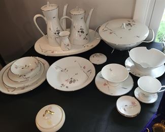 Rosenthal Japanese Quince (platinum trim) china set. Place settings for 8 plus serving pieces (excess under table)