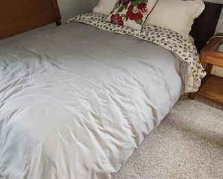 Queen platform bed and linens