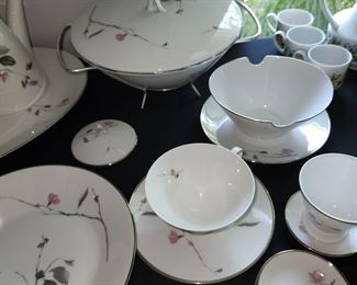 Rosenthal Japanese Quince (platinum trim) china set. Place settings for 8 plus serving pieces (excess under table)