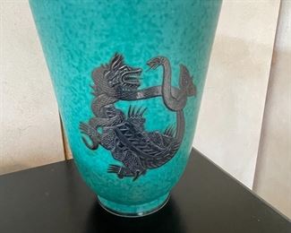 Gustavsberg Argenta vase with silver overlay (has small crack on edge).