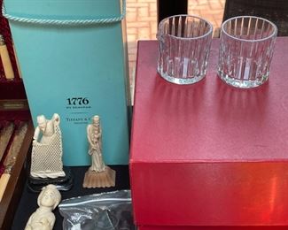 Tiffany & Co. 1776 commemorative crystal decanter with Seagrams (sealed) and Baccarat sugar/creamer.