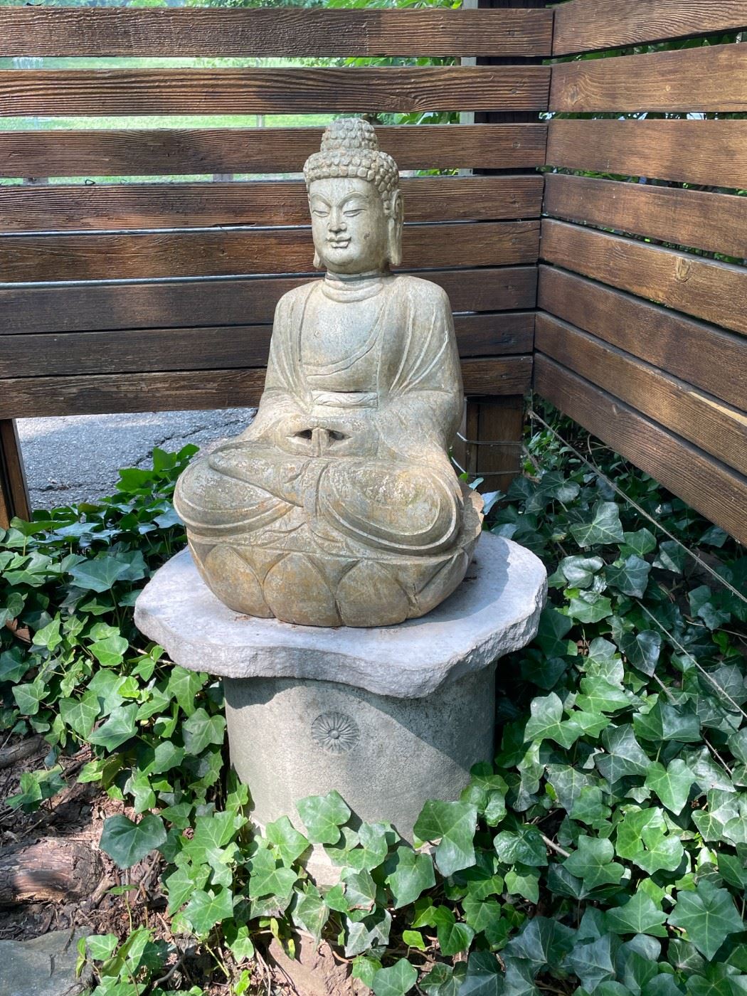 Solid concrete Buddha lawn statue on plinth. Yep, it's HEAVY!