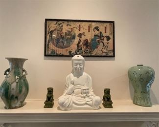 Antique glazed urn vase, foo dogs, Buddha, vintage Korean Meiping vase and Antique Japanese woodblock print by Utagawa Kunisada III.