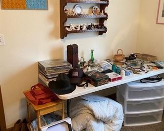 vintage albums, king white bedspread, plastic storage container