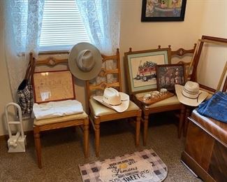 4 oak chairs, hats, Lane cedar chest