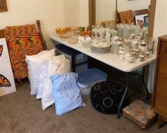 pillows, vintage dishes, Johann Haviland, Bavaria Germany, China set, Fresh, hand painted Japan, carnival glass, pink depression