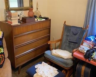 chest of drawers, rocking chair with foot stool