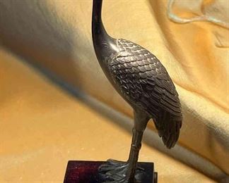 Small Japanese Cast Metal Crane Figurine On Wood Block
