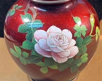 Vintage Sato Cloisonne Vase Pigeon Blood Red
