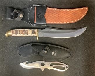 Colt CT818 Bowie Knife With Leather Sheath And Buck 0141SSGB Paklite Skinner With Sheath