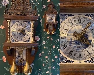 VINTAGE DUTCH WALL CLOCK WITH DELFT TILES & FIGURAL GILT METAL DECORATION