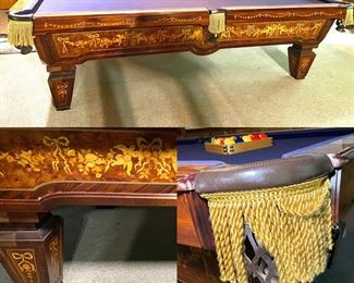  9’ Regulation Table - Beautifully Inlaid Marquetry with Leather Pockets