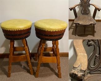 Pair Vintage Mid Century Canary Yellow Vinyl Top Whiskey Barrel Swivel Bar Stools 