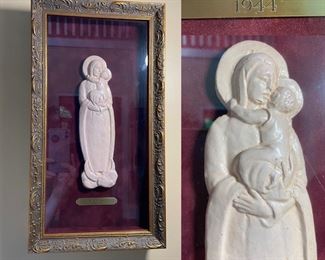 Handmade Pottery Madonna and Child Kormendi in glass framed Shadow Box