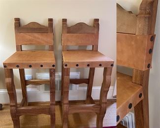 Pair Rustic/Spanish Style Nailed Leather Barstools 
