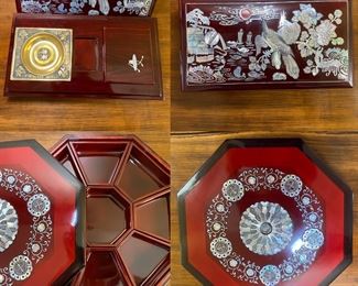 Vintage Red Laquer Mother of Pearl Inlaid Smoke Box with Ashtray Approximately 12” x 6-1/2”
Vintage Asian Laquered Box/ Octagon Box with Inlaid Mother of Pearl/ Flowers/ Storage/ Caddy-Approximately 11-3/4” Diameter 