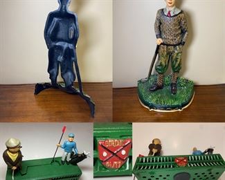 Cast Iron Painted Golfer Door Stop Approximately 14” Tall x 8” Wide 
Cast Iron Golfer Bank Approximately 5” Tall x 7” Wide