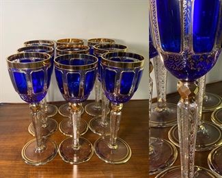 Set of 9 Antique Moser Ergermann BOHEMIAN Cobalt Blue & 24 kt CABOCHON Gold Crystal Wine Goblets Panel Cut