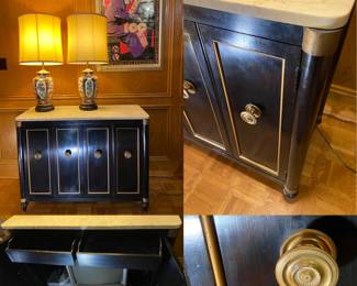2 Door Hollywood Regency Black Lacquer with Marble Top Sideboard/ Credenza/Server/Buffet 