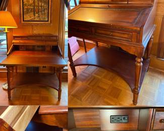 10 Drawer Wood Drop Front Secretary Desk Leather Top/Built-In Electrical Outlet