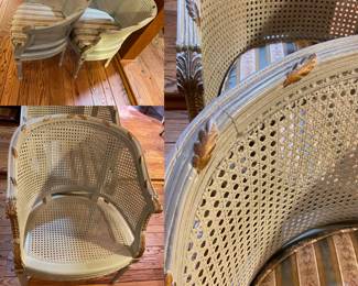 Pair Arm Chairs French  Style Desk Chair with Caned Back & Seats Sage Green with Gold Leaf