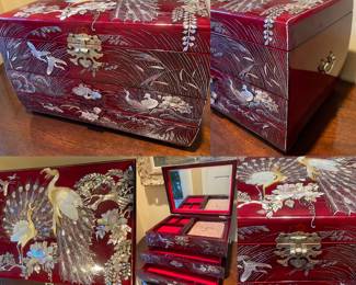Red Laquer Mother of Pearl Inlaid Jewelry Box 14”Wide  x 9” Tall x 10” Deep