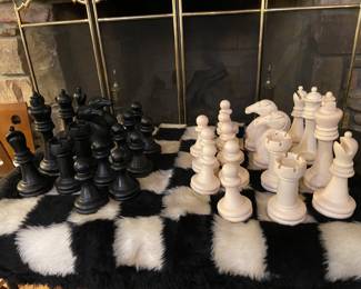 Very Vintage 1970’s Large 4”-9” Chess Set Pieces on Plush Faux Fur Game Board