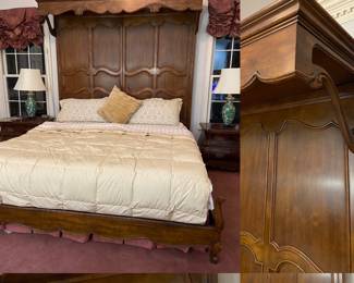 Henredon Villandry King Canopy Tester Bed Walnut Wood 1980'S originally paid $15K
Plus Vintage 1980s Pair Henredon Two Drawer French Country Nightstands