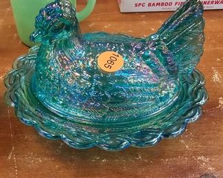 MOSSER TEAL CARNIVAL GLASS HEN ON NEST DISH