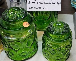 VINTAGE GREEN MOON AND STARS GLASS CANISTER SET