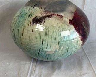 $150, ceramic pot, burgundy, green glaze 15 x 13