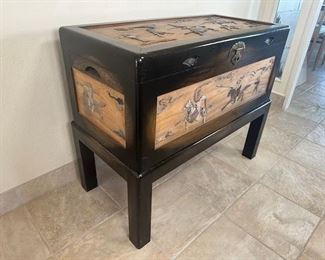 $1750, Antique Chineses Hardstone Figurine Chest On Stand